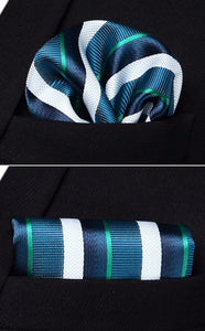 Striped Blue-White-Green Bow Tie Square Pocket Set