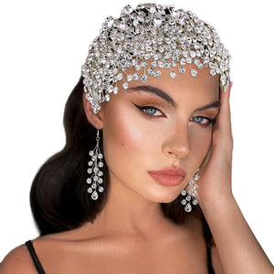 Silver Rhinestone Headpiece for Women Handmade Hair Accessories (Headwear + Earrings Set)