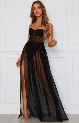 Sweetheart Corset Black Spaghetti Strap Sheer Maxi Dress