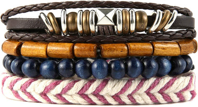 Robbie Hand-Made 4 Mix Hemp Cord Wood Beads Wristbands Bracelet