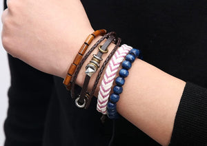 Robbie Hand-Made 4 Mix Hemp Cord Wood Beads Wristbands Bracelet