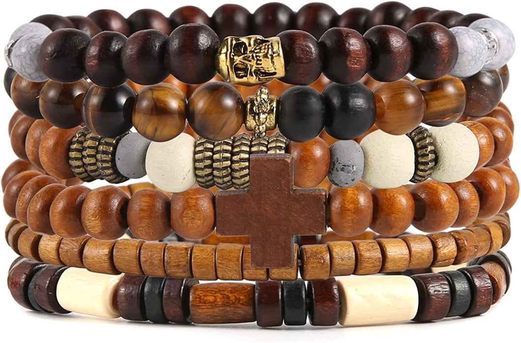 Monroe Skull & Wooden Cross Hemp Cord Wood Beads Wristbands Bracelet