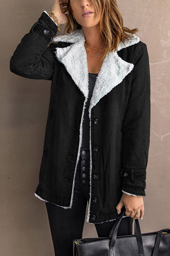 Lapel Sherpa Fleece Lined Long Sleeve Black Button Jacket