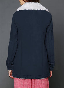 Lapel Sherpa Fleece Lined Long Sleeve Navy Blue Button Jacket