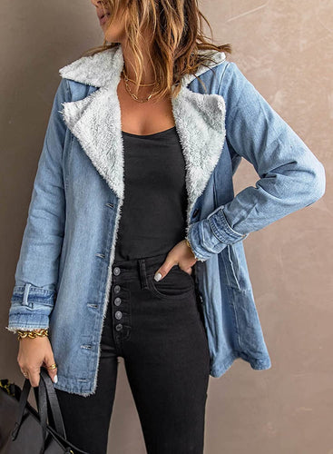 Lapel Sherpa Fleece Lined Long Sleeve Denim Blue Button Jacket