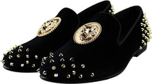 Load image into Gallery viewer, Lion Emblem Black Velvet Men&#39;s Spike Dress Loafers