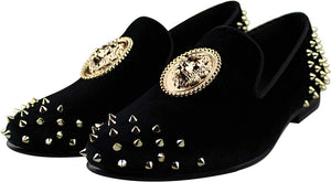 Lion Emblem Black Velvet Men's Spike Dress Loafers