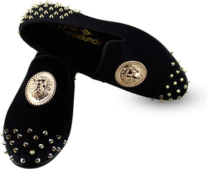 Lion Emblem Black Velvet Men's Spike Dress Loafers
