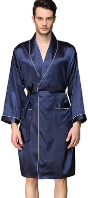Men's Navy Blue Satin Dragon Silk Long Sleeve Robe