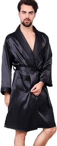 Men's Dark Black Satin Dragon Silk Long Sleeve Robe