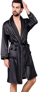 Men's Black w/Gold Print Satin Dragon Silk Long Sleeve Robe
