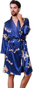 Men's Royal Blue & Gold Satin Dragon Silk Long Sleeve Robe