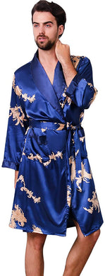 Men's Blue Satin Dragon Silk Long Sleeve Robe
