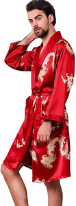 Men's Wine Red Satin Dragon Silk Long Sleeve Robe
