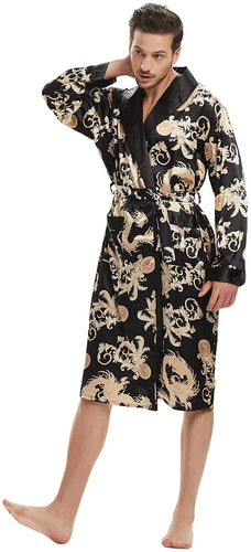 Men's Black w/Gold Print Satin Dragon Silk Long Sleeve Robe