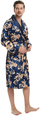 Men's Royal Blue & Gold Satin Dragon Silk Long Sleeve Robe