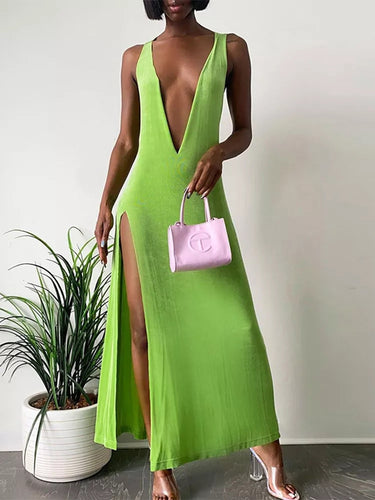 Summer Green Deep V-Neck Sleeveless Bodycon Maxi Dress