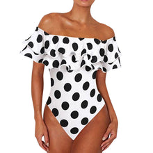 Load image into Gallery viewer, White Polkadot Ruffled Off Shoulder One Piece Swimsuit