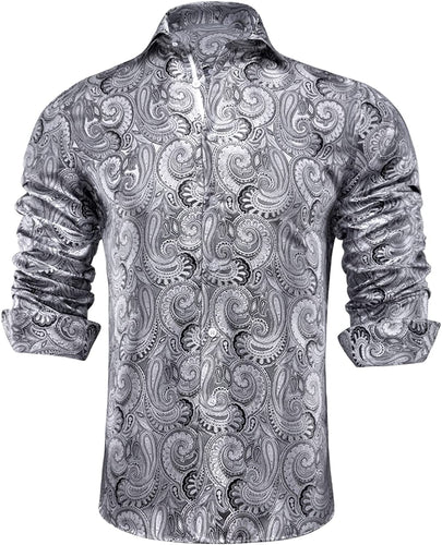 Men's Gray Paisley Button Down Long Sleeve Shirt