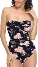 Load image into Gallery viewer, Strapless Black Floral Ruched One Piece Bathing Suit