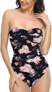 Strapless Black Floral Ruched One Piece Bathing Suit
