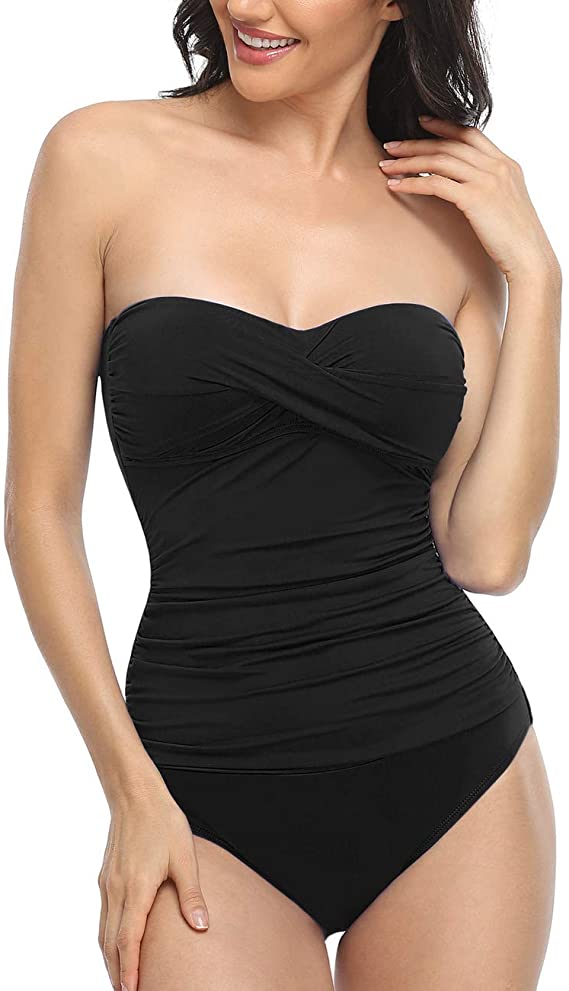 Strapless Black Ruched Bathing Suit