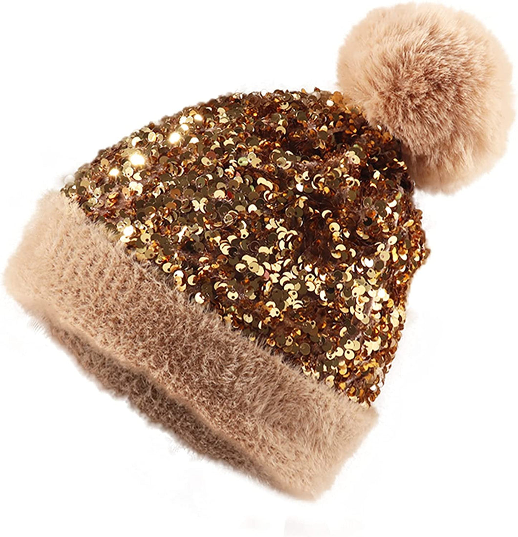 Whimsical Bella Gold Sequin Knitted Beanie Hat