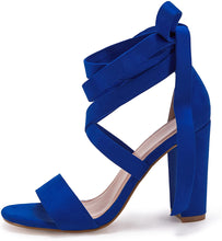 Load image into Gallery viewer, Lace Up High Heeled Royal Blue Chunky Block Ankle Strappy Sandals