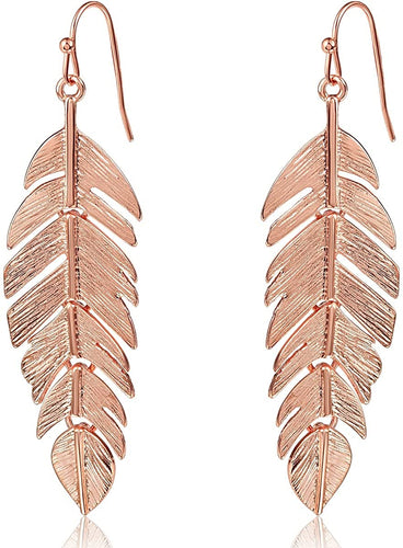 Bohemian Lightweight Rose Gold Tone Feather Layered Dangle Earrings