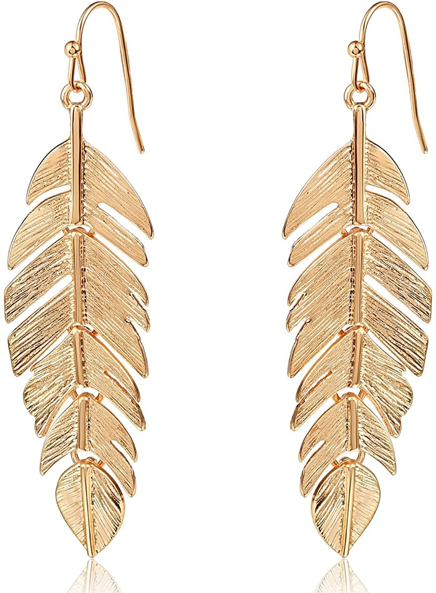 Bohemian Lightweight Gold Tone Feather Layered Dangle Earrings