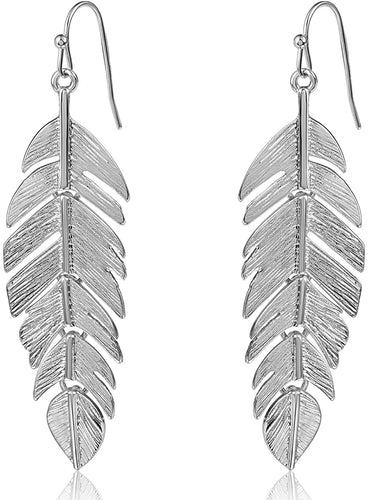 Bohemian Lightweight Silver Tone Feather Layered Dangle Earrings