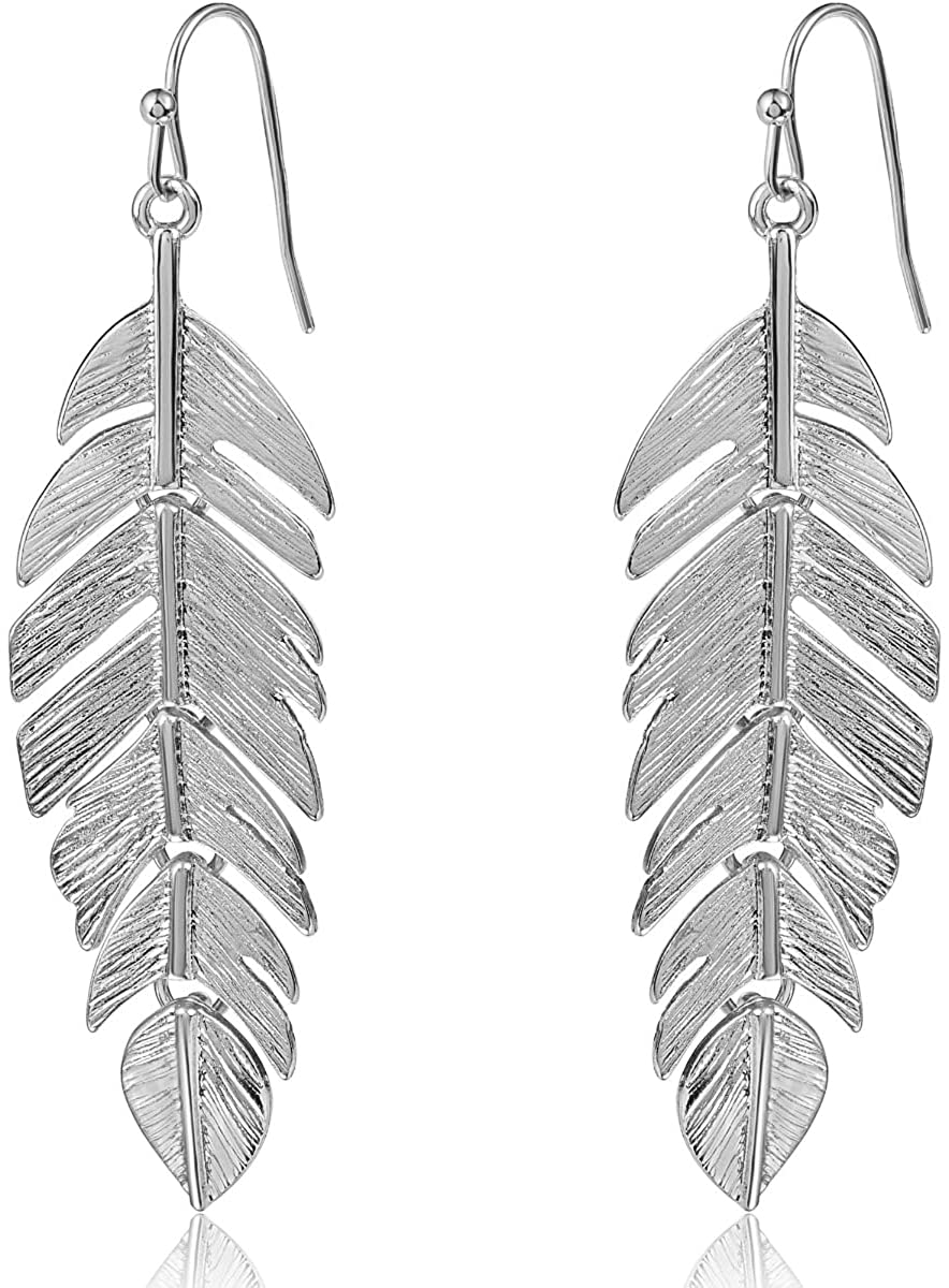 Bohemian Lightweight Silver Tone Feather Layered Dangle Earrings