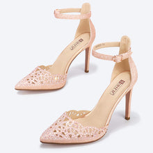 Load image into Gallery viewer, Rose Gold Glitter Candice Close Toe Stiletto Ankle Strap Heels