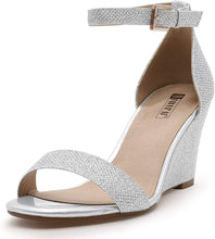 Load image into Gallery viewer, Classic Wedge Heels Silver Glitter Ankle Strap Open Toe Sandals