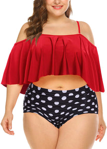 High Waisted Red Ruffled Flounce Top Plus Size Bikini