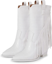 Load image into Gallery viewer, White Sassy Tassel Fringe Block Heel Cowgirl Boots