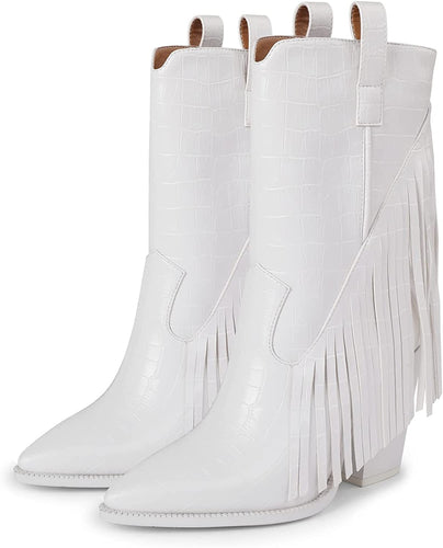 White Sassy Tassel Fringe Block Heel Cowgirl Boots