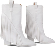 Load image into Gallery viewer, White Sassy Tassel Fringe Block Heel Cowgirl Boots