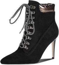 Load image into Gallery viewer, Lace Up Black Faux Suede Stiletto Combat Heel Booties