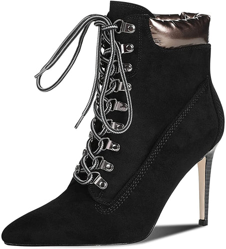 Lace Up Black Faux Suede Stiletto Combat Heel Booties