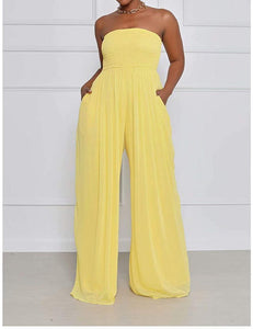 Wild Free Yellow Off Shoulder Dress tube Loose Romper with Pockets Jumpsuit