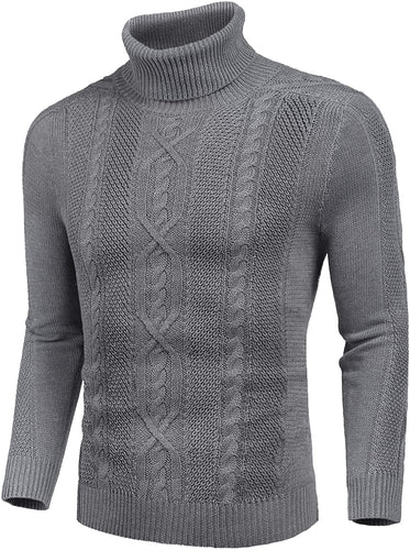 Men's Honeycomb Knitted Pattern Dark Gray Pullover Turtleneck Sweater