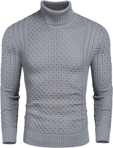 Men's Honeycomb Knitted Pattern Dark Gray Pullover Turtleneck Sweater