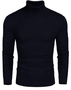 Honeycomb Knitted Pattern Dark Gray Pullover Turtleneck Sweater