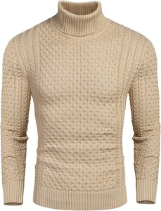 Men's Honeycomb Knitted Pattern Dark Gray Pullover Turtleneck Sweater