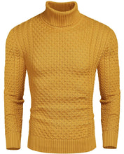 Load image into Gallery viewer, Honeycomb Knitted Pattern Yellow Pullover Turtleneck Sweater