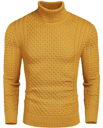 Honeycomb Knitted Pattern Yellow Pullover Turtleneck Sweater