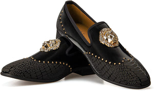 Lion Buckle Black Leather Loafers Men's Shoes