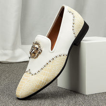 Load image into Gallery viewer, Lion Buckle White Leather Loafers Men&#39;s Shoes