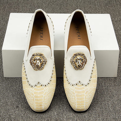 Lion Buckle White Leather Loafers Men's Shoes